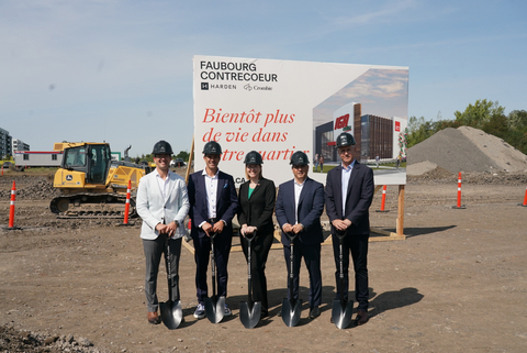 original Left to right: Tyler Harden, Co-Chief Executive Officer of Harden, Chris Harden Co-Chief Executive Officer of Harden, with Geneviève Dufresne, AVP, Real Estate Development and Transactions Qc & Atl. of Sobeys, Victor Settino, Executive Vice President, Development and Construction of Crombie and Aaron Bryant, Vice President, Design and Construction of Crombie at the ground-breaking event for the newest Harden project, Faubourg Contrecoeur.