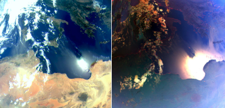 original La primera imagen de 3MI, capturada entre las 10:59 y las 11:03 CEST del 28 de agosto de 2025, confirmó que el instrumento ya está funcionando correctamente al entregar sus primeros flujos de datos preliminares. El panel de la izquierda muestra una vista estándar utilizando luz natural, resaltando las nubes y las superficies terrestres. El panel de la derecha, basado en mediciones de luz polarizada, revela detalles mucho más finos de la composición de la atmósfera, como sutiles estructuras nubosas sobre Italia y humo de incendios forestales en el borde derecho de la imagen, sobre Grecia. Cuando la luz solar interactúa con partículas en el aire, como gotas, humo o polvo, la luz dispersada vibra en direcciones específicas, una propiedad llamada polarización. Al capturar esta perspectiva, 3MI ofrece una comprensión más rica sobre el tipo y el tamaño de las partículas presentes en la atmósfera. Credit: EUMETSAT