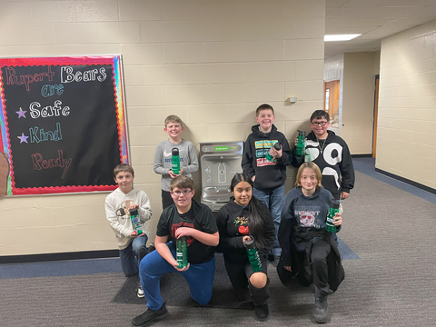 original Students with the bottle filling station and their water bottles at Rupert Elementary, one of the Rethink Your Drink grant recipients last year.