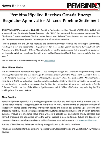 thumbnail Pembina Pipeline Receives Canada Energy Regulator Approval for Alliance Pipeline Settlement