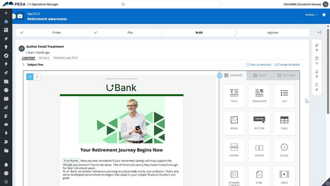 thumbnail New email authoring tool in Pega Customer Decision Hub features drag-and-drop editing, professional templates, and integrated image support via Message Stream.