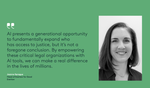 original Joanne Sprague heads up the Everlaw for Good (E4G) program, which expands access to justice by offering free and deeply discounted access to Everlaw's cloud-native litigation platform for nonprofits, investigative journalists and pro bono teams. The program has supported 200 organizations working on more than 500 cases across six areas including low income populations, civil rights and civil liberties, providing approximately $5 million in platform services. In 2024, Everlaw decided to provide its GenAI offerings to its E4G participants at no cost. This donation—equivalent to thousands of dollars in AI credits per organization per year—reflects Everlaw's belief that AI can play a meaningful role in narrowing the justice gap.