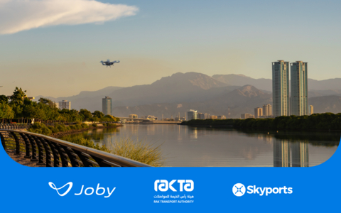 original A render of Joby’s air taxi flying above Ras Al Khaimah. In partnership with RAKTA and Skyports Infrastructure, Joby plans to launch air taxi service in the emirate by 2027. Credit: Joby Aviation