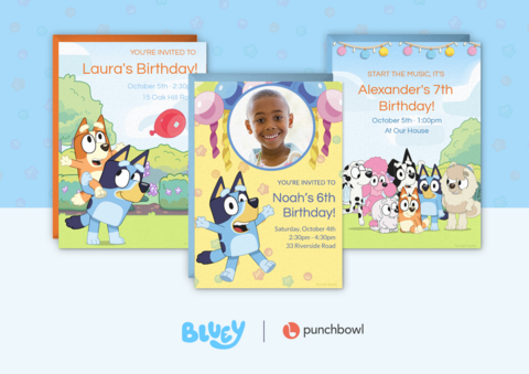 New Bluey online invitations and digital greeting cards from Punchbowl are perfect for birthdays and family celebrations.