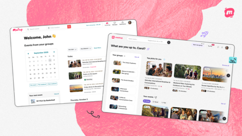 thumbnail Before & After of the Meetup home page after log in, featuring the updated visual identity and improved navigation and content discovery.
