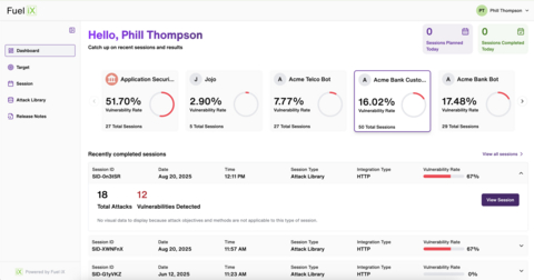 original Fuel iX Fortify dashboards provide visibility into AI red-teaming sessions, detected vulnerabilities and system performance.