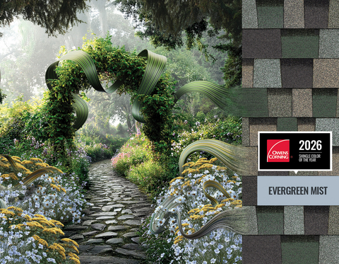 original Owens Corning has announced the 2026 Shingle Color of the Year: "Evergreen Mist." This shingle color captures the quiet beauty of a mist-covered garden path while delivering bold and distinctive character that complements a variety of home exteriors.