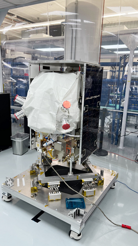 original Planet's Pelican-5 satellite photographed in the company's San Francisco HQ manufacturing lab.