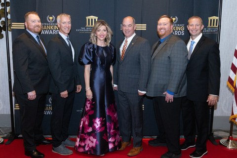 original Dream First Bank’s Management pictured with Roxanne Emmerich, Chair and Founder of The Institute for Extraordinary Banking™ at the Awards event in Atlanta, GA. From left-to-right: Andrew German, Dream First Regional President, Dream First Chief Lending Officer Matt Bennett, Roxanne Emmerich, Dream First President and CEO Chris Floyd, Branch President Caleb Woods and Regional President Caleb Sekavec