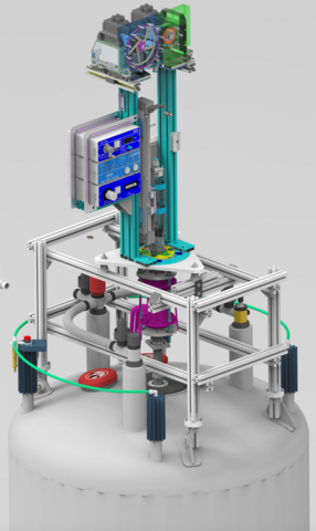 original NMR Relaxometry system featuring a Field Cycling Coil (FCC, in purple) and a Fast Shuttle System mounted atop the superconducting magnet, for rapid sample transfer between the magnet and the FCC