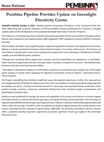 original Pembina Pipeline Provides Update on Greenlight Electricity Centre