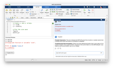 original "Explain Error" in MATLAB Copilot provides detailed explanations and potential causes for MATLAB error messages. 