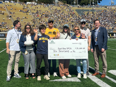 original Central’s commitment was highlighted at Cal’s football home opener against Texas Southern. Central CEO Niko Lahanas, CFO Brad Smith and Senior VP of Human Resources Marilyn Leahey joined the coin toss ceremony and presented a $10,000 donation to the East Bay SPCA. Accepting the check was Julie Henderson, VP of Philanthropy at the East Bay SPCA.