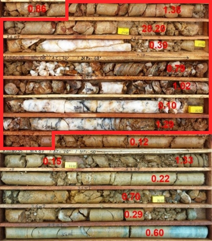 thumbnail Figure 2 : Coupe volcanique cisaillée par une importante formation de veines de quartz – 17,0 m à 3,67 g/t Au, dont 9,0 m à 6,84 g/t Au, à partir de 23,0 à 32,0 m (KDD0095)