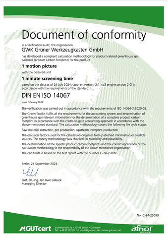 thumbnail The ISO 14067 conformity certificate issued by GUTcert (AFNOR Group) confirms that the Green Toolkit platform fulfills all requirements for CO2e data determination under the cradle-to-gate accounting approach, including raw material extraction, pre-production, upstream transport, and production stages. Certificate No. C-24-25099, validated on September 24, 2024, and signed by Prof. Dr.-Ing. Jan Uwe Lieback, Managing Director, GUTcert / AFNOR Group, Berlin, Germany. The methodology certified under ISO 14067 has since been applied in multiple film, television, and event productions, including A24’s Mother Mary, the first ISO-certified film project in North America, using Green Toolkit for CO2e tracking and sustainability reporting.