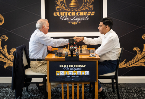 thumbnail Grandmasters Garry Kasparov and Viswanathan Anand face off during Clutch Chess: The Legends, with Kasparov ultimately claiming the tournament victory at the newly reopened Saint Louis Chess Club.