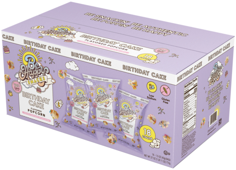 original Be Happy Snacks Flavored Popcorn, Birthday Cake, 1.5 oz, 18 ct