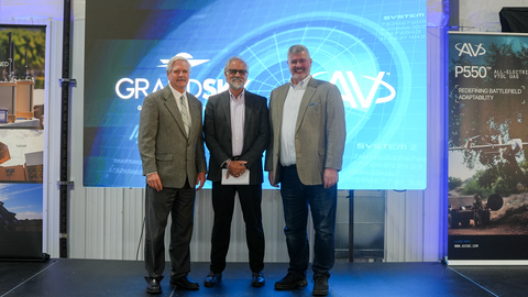 original (left to right) Sen. John Hoeven joined Stephen Lloyd of AV and Tom Swoyer, Jr. of GrandSKY to celebrate the expansion of C-UAS capabilities at Grand Forks AFB on Monday, October 13, 2025, at the UAS Summit and Expo. [Credit: GrandSKY]