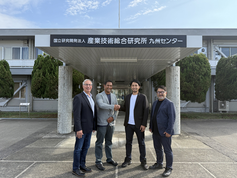 original (from left) Diamond Quanta's COO Michael Pierantozzi and CEO Adam Khan with ExtenD's CTO Dr. Shinya Ohmagari and COO Keitaro Okamoto in front of the National Institute of Advanced Industrial Science and Technology (AIST) Kysushu Center (Japan)