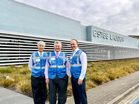 thumbnail Gary Lauder, Board of Directors; William P. Lauder, Chair, Board of Directors, The Estée Lauder Companies; and Stéphane de La Faverie, President and Chief Executive Officer, outside the original Oevel manufacturing facility
