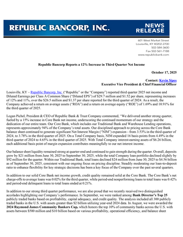 original Republic Bancorp Reports a 12% Increase in Third Quarter Net Income
