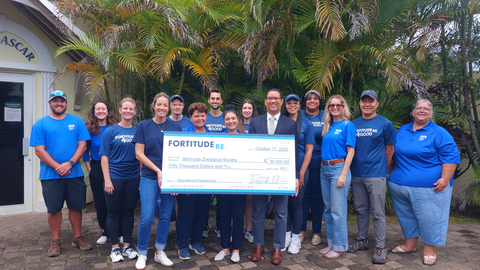 original Fortitude Re presents a $50,000 check to Bermuda Zoological Society to fund educational programming. (l-r) Amanda Stewart, SVP, Employee Experience, Fortitude Re; Linda Parker, BZS Education Officer; Clesia Pachai, BZS Development Officer; Collin Anderson, BZS Board Vice President