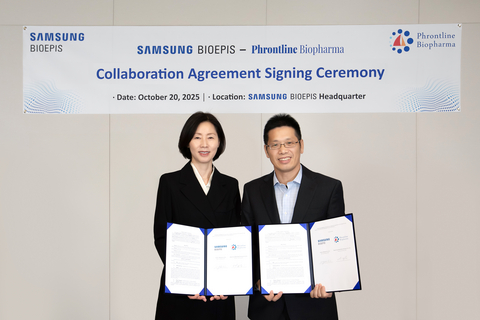 Kyung-Ah Kim, President & CEO of Samsung Bioepis (left) and Zhaoyuan ‘Tony’ Chen, Founder and CEO of Phrontline Biopharma (right) have signed a global strategic partnership agreement to advance development of  antibody-drug conjugate (ADC) therapeutics for solid tumors.