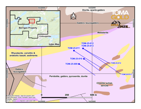 thumbnail Figure 2. Carte de localisation des cinq sondages au diamant réalisés sur le projet Mine Berrigan