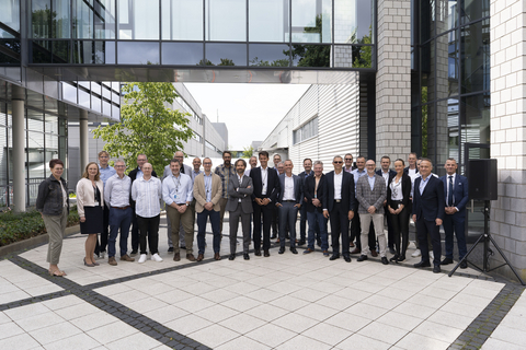 original Stevanato Group team members at the Bad Oeynhausen site in northern Germany are pictured during the inauguration of the new cleanroom. At the center are Franco Stevanato, CEO; Marco Dal Lago, CFO; and Michele Monico, President of DDS and IVD Business Unit.