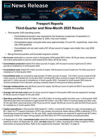 thumbnail Freeport Reports Third-Quarter and Nine-Month 2025 Results
