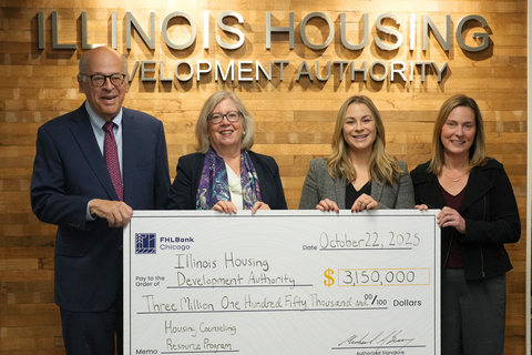 original From left to right: King Harris, Chairman of the IHDA Board of Directors; Kristin Faust, Executive Director of IHDA; Abbey Delgadillo, Senior Community Investment Programs Specialist at FHLBank Chicago; and Katie Naftzger, Senior Vice President and Community Investment Officer at FHLBank Chicago, present a $3,150,000 check for 2025 funding to IHDA for the Community First® Housing Counseling Resource Program.