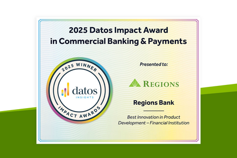 original Datos Insights, a research and advisory firm working with the banking, insurance and securities industries, has recognized Regions as a gold winner of the 2025 Datos Impact Award for best innovation in product development.
