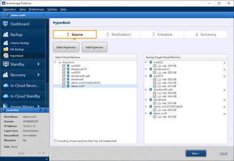 original The HyperBack feature in ActiveImage Protector™ 2022 provides agentless backup capabilities for Linux KVM virtual machines.