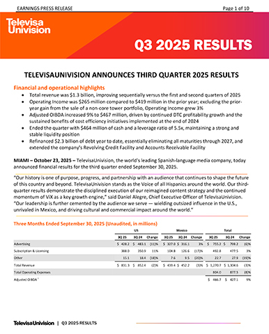 thumbnail TelevisaUnivision Announces Third Quarter 2025 Results

