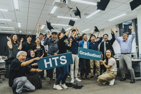 Helical Fusion members celebrating the successful HTS test with an “HTS Graduation!” sign and graduation caps
