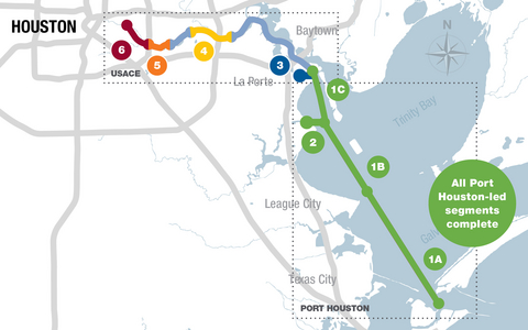 thumbnail Project 11 - Houston Ship Channel Expansion Dredge Completion Map. Construction of channel improvements began in 2022, and now the project has reached its most important milestone – dredging completion of the widening of the Galveston Bay reach from Bolivar Roads to Morgans Point. With this work done, Port Houston-led project dredging of the Houston Ship Channel is complete. More details, including an interactive map, can be found here: https://www.expandthehoustonshipchannel.com/.