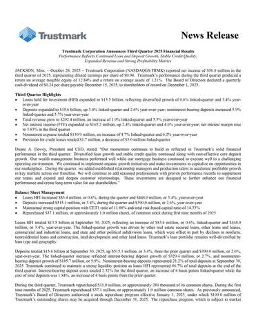 original Trustmark Corporation Announces Third Quarter 2025 Financial Results