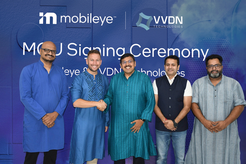 Vivek Bansal (VVDN) and Elie Luskin (Mobileye) signing MoU to localize next-generation ADAS technology in India