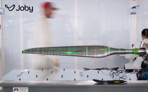 A propeller blade for Joby’s aircraft in the manufacturing process at its Dayton, Ohio facility. Layers of high strength carbon fiber are applied to achieve precise design specifications. Credit: Joby Aviation