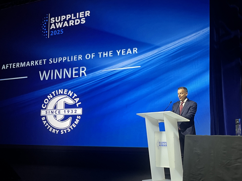 Continental Battery Systems CEO Chris Alberta accepts Stellantis' 2025 Aftermarket Supplier of the Year award in Paris.