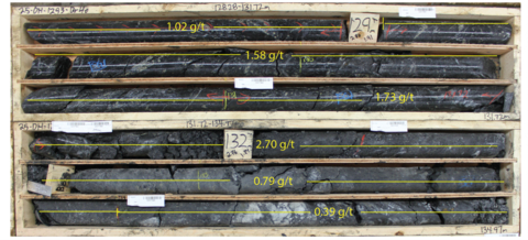 thumbnail Figure 2: Representative Mineralization in the Orca Fault. Note: Core boxes from drill hole 25-DH-1293 (128.28m to 134.97m) – a representative photograph of the rock and mineralization style in the newly defined Orca Fault, which includes quartz and sulfide veinlets and fault gouge. Drill core recoveries in this portion of the drill hole exceed 93%.