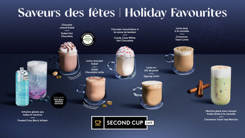 thumbnail Disponible pour une durée limitée, le menu des Fêtes 2025 de Second Cup Café comprend des boissons telles que le Latte Chocolat Dubaï à base de la boisson végétale à la pistache de Pacific Foods, le Matcha glacé avec mousse froide dorée à la cannelle et le classique Latte au lait de poule des Fêtes.
