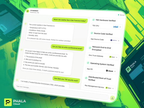 A glimpse into an AI Assistant running securely inside a Trusted Execution Environment (TEE) — with every layer, from hardware to network, verified for privacy and integrity.