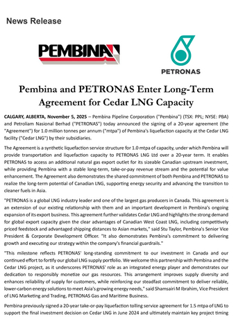 thumbnail Pembina and PETRONAS Enter Long-Term Agreement for Cedar LNG Capacity