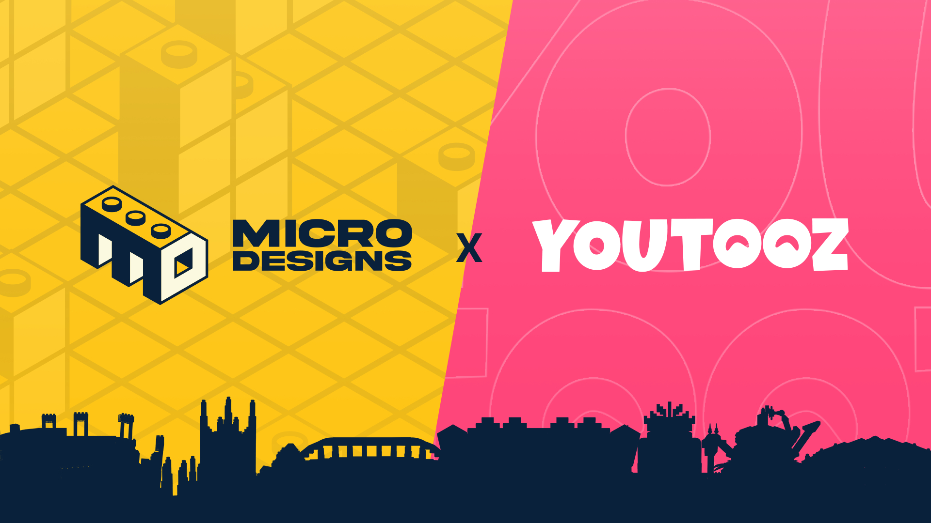 Youtooz × Microdesigns - brand graphic marking Youtooz's acquisition of UK-based Microdesigns and its expansion into brick-built display collectibles.