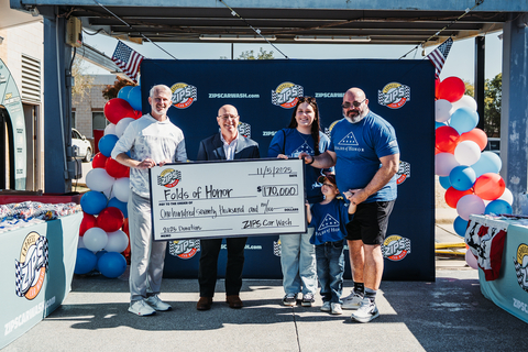 Pete Nani, CEO, ZIPS Car Wash, presents to Folds of Honor ZIPS' record donation of $170,000 at yesterday's Flag Raising Ceremony at ZIPS Car Wash in Frisco, TX.