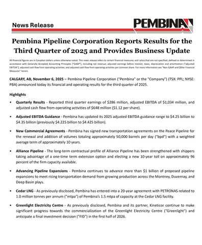 thumbnail Pembina Pipeline Corporation Reports Results for the Third Quarter of 2025 and Provides Business Update