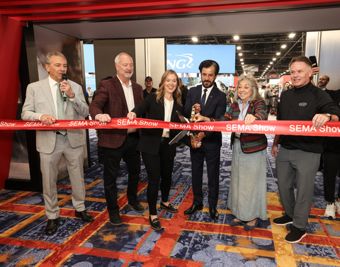 From left: SEMA President and Chief Executive Officer (CEO) Mike Spagnola, Las Vegas Convention and Visitors Authority (LVCVA) CEO/President Steve Hill, SEMA Board Chair Melanie White, Fédération Internationale de l'Automobile (FIA) President Mohammed Ben Sulayem, First Congressional District of Nevada Rep. Dina Titus, and National Hot Rod Association (NHRA) President Glen Cromwell.