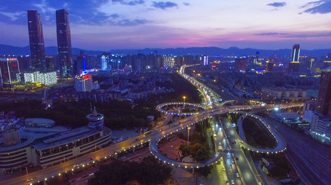 The glittering and vibrant nightscape of Kunming, China.