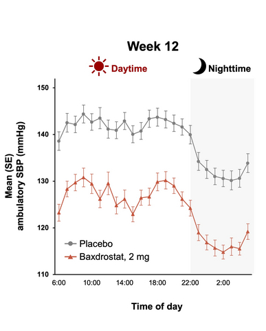 Summary of results (1). Hourly Mean Systolic Blood Pressure at Week 12. Line graph presents mean and standard error.